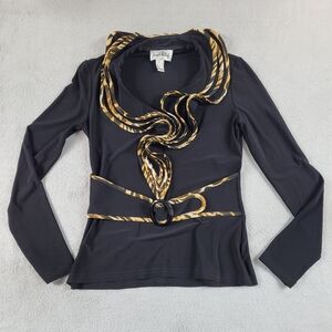 Joseph Ribcoff Elegant Black and Gold Belted Front Women's Top